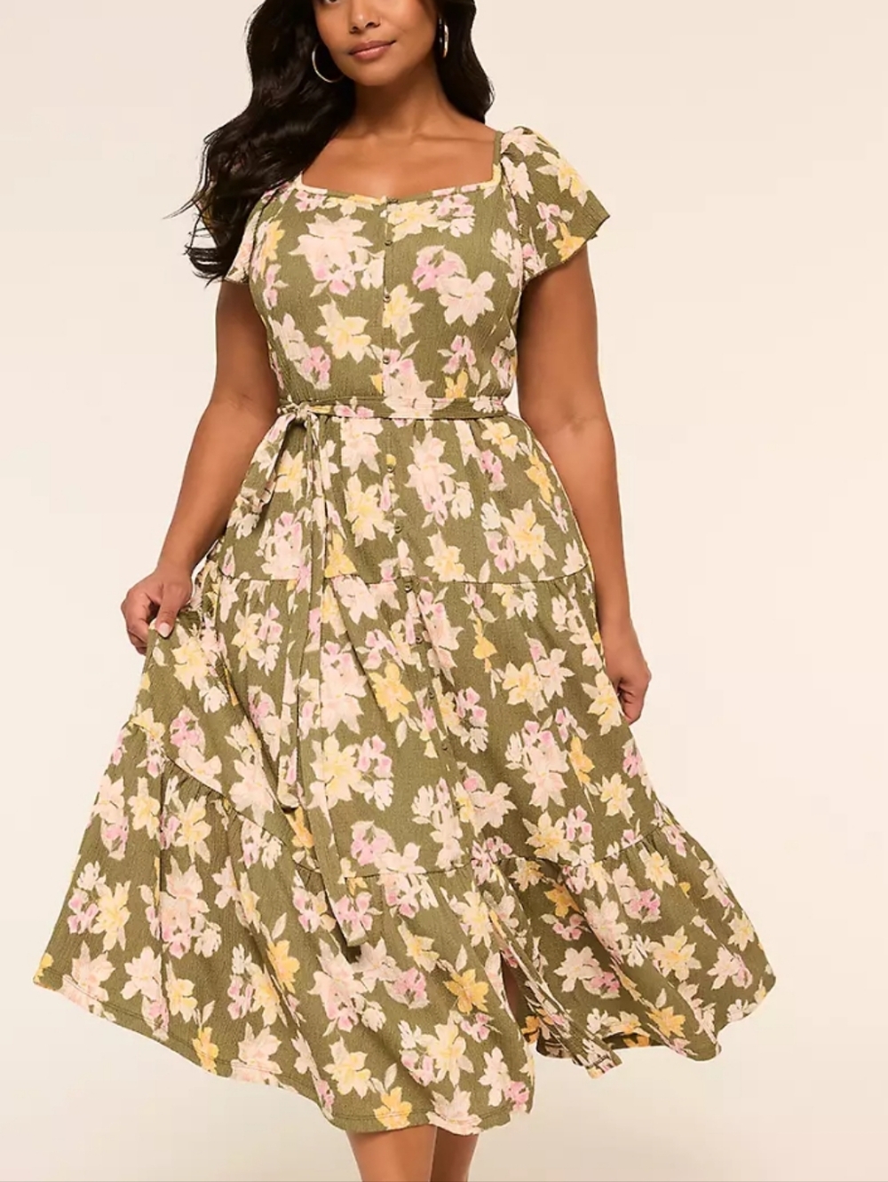 Short Sleeve Ruffle Tie Waist Midi Dress